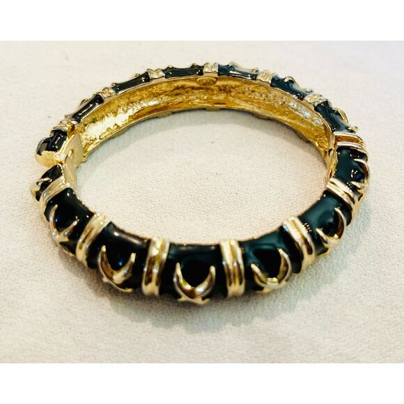 VTG NLH Landau Navy & Gold Clamper Bracelet – Signed 1980s Bold X Design Bangle - Picture 1 of 9